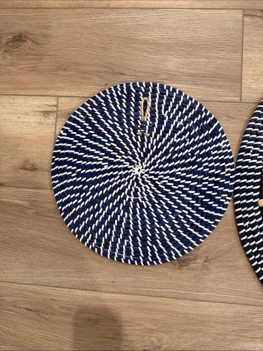 Woven Round Decorative Wall Baskets - Navy & Natural. Set of 2.